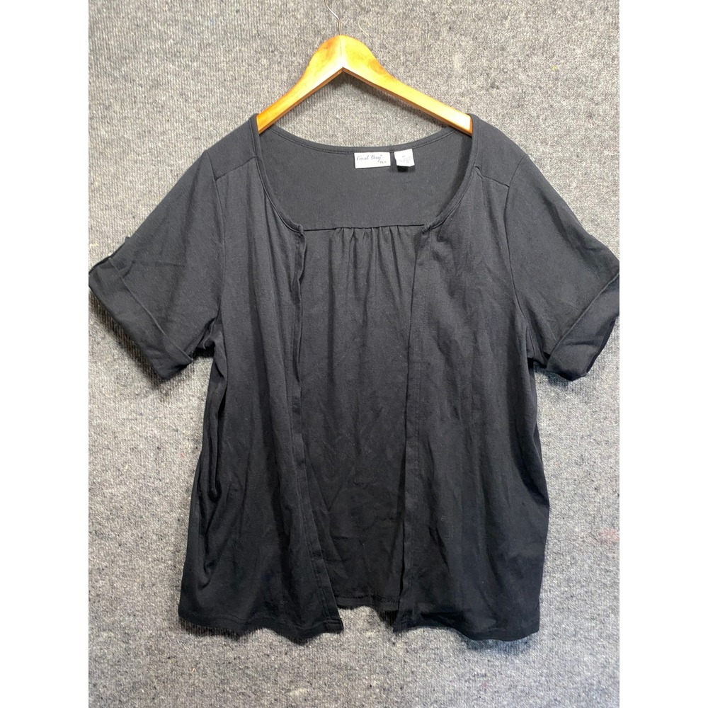 Coral Bay Plus Womens 1X Black Short Sleeve Cotton Pleated Layered Front Top